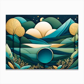 Landscape With Trees And Moon, vector art Canvas Print