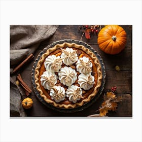 Delectable Pumpkin Pie Centerpiece Augmented With Decadent Dollops Of Whipped Cream Nestled Atop It Canvas Print