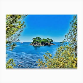 Serene Seascape Escape. The image depicts a tranquil coastal scene featuring a small, lush island surrounded by clear blue waters. Several boats are anchored nearby, and a person is seen riding a jet ski, leaving a trail of white foam behind. The sky is clear, enhancing the vibrant blue hues of the sea and sky, creating a picturesque and serene atmosphere. 4 Canvas Print