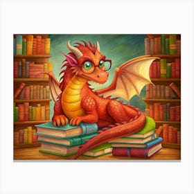 Red Dragon With Glasses Sitting On Stack Of Books Canvas Print