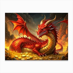 Red Dragon Guarding A Pile Of Gold Canvas Print