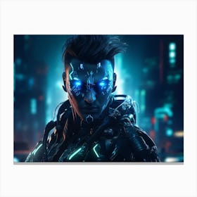 Man wearing a sleek cyber suit with glowing neon lines and intricate details Canvas Print