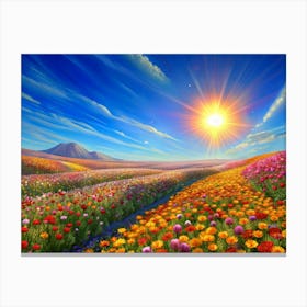 Colorful Flower Field With Mountain In Background Canvas Print