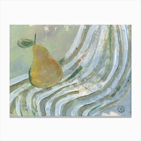 Pear On Towel acrylic painting still life mint green beige kitchen art artwork food fruit stripes stripe Canvas Print