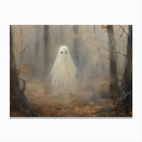 Cute Halloween Ghost In Autumnal Forest Canvas Print