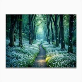 Enchanted Forest Path With Glowing Lights And White Flowers Canvas Print