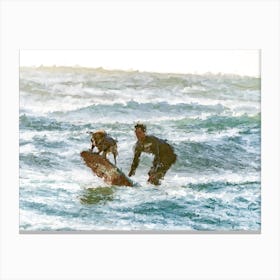Surfer And His Dog Surfing Oil Painting Landscape Canvas Print