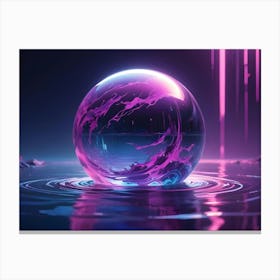 A 3d Rendering Of A Glowing Purple Orb Floating On A Surface Of Water, With A Dark Background And Streaks Of Pink Light Canvas Print