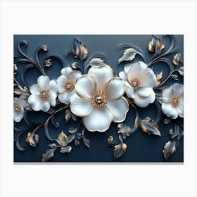 Sophisticated 3d Artwork Design, White And Blue Tones, Golden Jewelry, Floral Motifs 1 Canvas Print