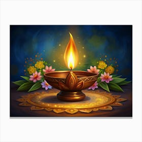 Golden Diwali Diya With Flowers And Blurred Background Canvas Print