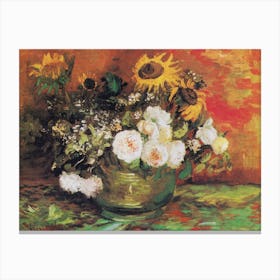 Bowl With Sunflowers Roses And Other Flowers, Van Gogh Canvas Print