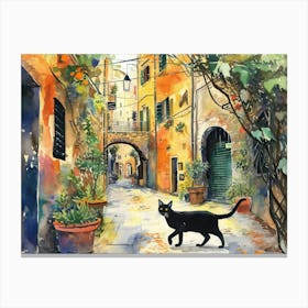 Black Cat In Napoli, Italy, Street Art Watercolour Painting 1 Canvas Print