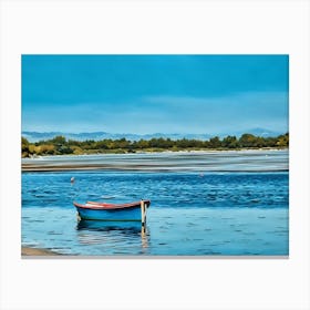 Serene Blue Boat. This image shows a small, colorful boat floating calmly on a serene body of water, with a backdrop of distant mountains and a blue sky. The setting is tranquil, with gentle ripples on the water and a shoreline lined with trees. Canvas Print