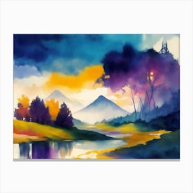 landscape with a mill, trees, river and mountains Canvas Print