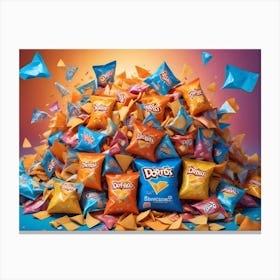 A Pile Of Doritos Chip Bags In Various Colors And Flavors, With Some Bags Flying In The Air Canvas Print