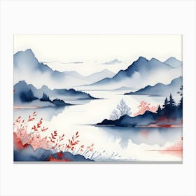 A Watercolor Painting Of A Serene Landscape With A Lake And Mountains In The Background Canvas Print