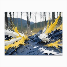 An Image Of A Blue, White, And Yellow Paint Splatter On A Dark Background, Set Against A Blurred Backdrop Of A Forest Canvas Print