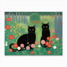 Gustav Klimt Two Black Cats In A Flower Garden Canvas Print