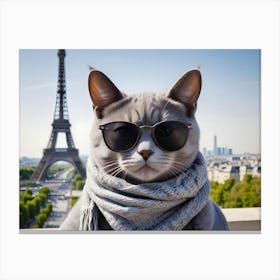 Cool Cat Wearing Sunglasses And Scarf With The Eiffel Tower In The Background 1 Canvas Print