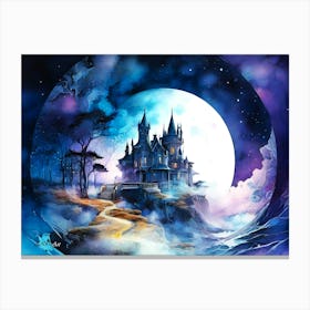 Abstract Watercolor Art of a Surrealistic Castle on a Rock Formation by Night Canvas Print