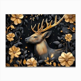 Elegant Luxury Golden and Black Deer Animal with Seamless Floral and Flowers Canvas Print