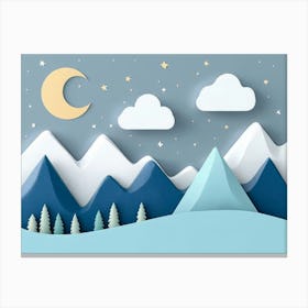 Hand Drawn Modern Mountain Landscape With Stars, Clouds And Moon 1 Canvas Print