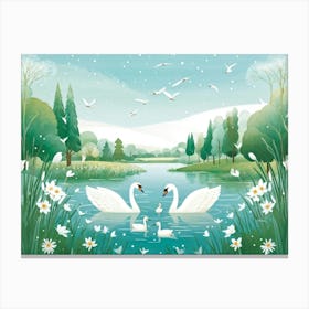 Illustration Of A Tranquil Park Scene In Winter Featuring Cygnets On A Siberian Mere Where Two Chil (1) Canvas Print