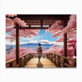 Girl Walking Through Cherry Blossoms Canvas Print