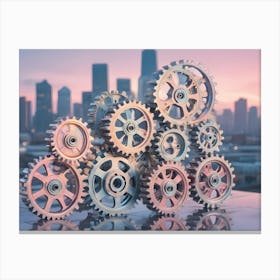 An Image Of A Set Of Interlocking Gears Against A Backdrop Of A Modern City Skyline 1 Canvas Print