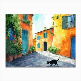 Black Cat In Rome, Italy, Street Art Watercolour Painting 1 Canvas Print