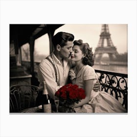 Black And White Photograph Capturing A Vintage Valentines Day Scene A Couple Locked In A Tender Em Canvas Print