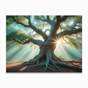 A Photograph Of A Large Tree With Its Roots Exposed In A Misty Forest Canvas Print