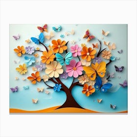 Colorful Floral and Butterfly On 3d Tree Background Canvas Print