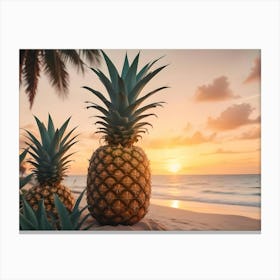 Two Pineapples On A Tropical Beach At Sunset Canvas Print