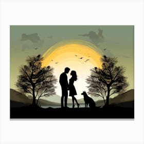 Silhouette Of Couple And Dog Canvas Print