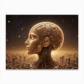 A Golden, Robotic Head With Intricate Circuitry Is Shown Against A Starry Backdrop, Suggesting Artificial Intelligence Or A Technological Evolution Canvas Print