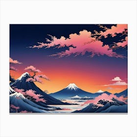 Japanese Mountain Landscape With Cherry Blossoms Canvas Print