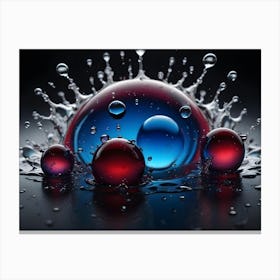 Abstract Image Of Blue And Red Water Droplets, With A Large Red Droplet In The Center, Surrounded By Smaller Droplets Canvas Print