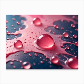 A Macro Photograph Of Water Droplets On A Dark Background, With A Pink Substance Spreading Outward From A Central Droplet Canvas Print