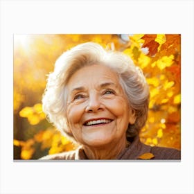 Elderly Woman Radiating Joy Amidst Crisp Autumn Leaves Close Up Orange Yellow Foliage Surrounding (6) Canvas Print