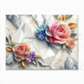 3d Marble Texture Seamless Pattern Geometric Polygon Shape with Bright Color Flowers Canvas Print