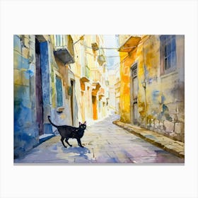 Bari, Italy   Black Cat In Street Art Watercolour Painting 2 Canvas Print