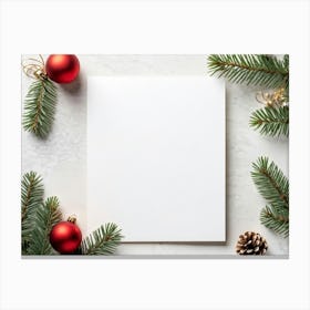 Minimalistic Christmas Card White Blank Paper Backdrop Of Pine Branches Intertwined With Red Gree Canvas Print