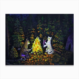 Cats Have Fun Cats Around The Fire Cook Dinner At Night In The Forest Canvas Print