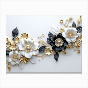 3d White And Blue Background With Golden Jewelry And Flowers In Black Design 1 Canvas Print