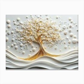 3d Art White and Gold Tree Life, 3d Gold Tree and White Circles Canvas Print