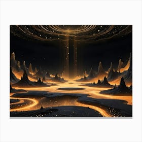 Abstract Landscape, With Dark Mountains And Glowing Paths Forming A River That Flows Out Into A Circle Of Glowing Stars In The Night Sky Canvas Print