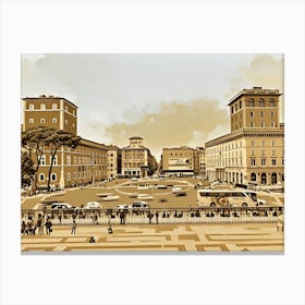 The lively and chaotic Piazza Venezia in Rome. The image depicts a bustling city square in a sepia tone, showcasing a classic European architectural style. Tall buildings with arched windows line the square, creating a sense of grandeur and history. The square is filled with people, cars, and a large bus, suggesting a lively atmosphere. A central circular area with a fountain or monument is visible, adding to the charm of the scene. Canvas Print