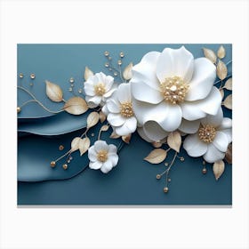 3d White Background With Golden Jewelry And Flower Canvas Print