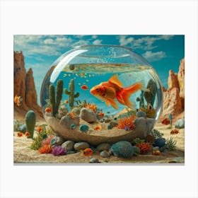 Elephant Sized Goldfish Swims In A Giant Fishbowl Centered In A Desert Cacti Interspersed With Huma Canvas Print